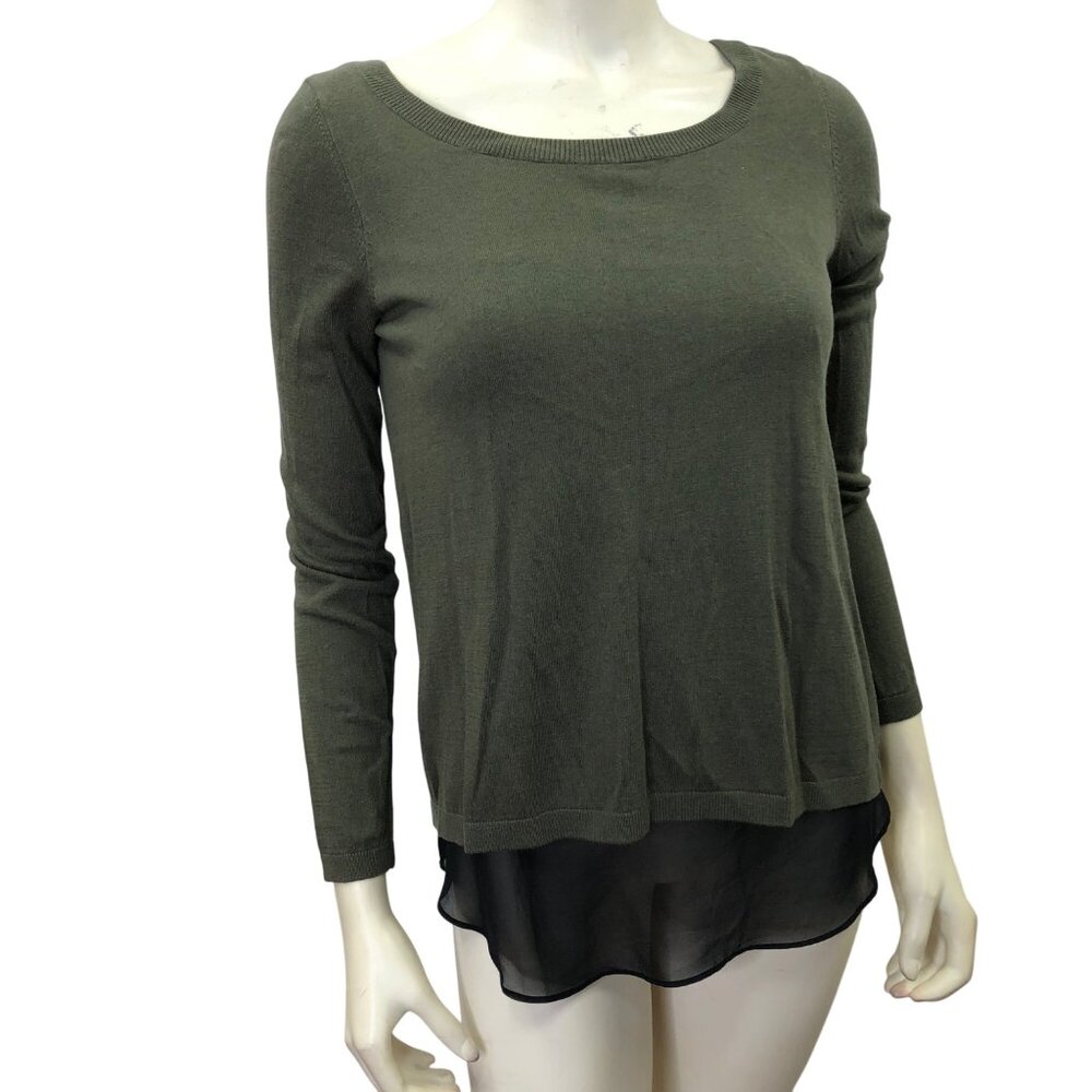 Express Olive Green Knit Sweater With Sheer Black Hem Layer Long Sleeve Womens M